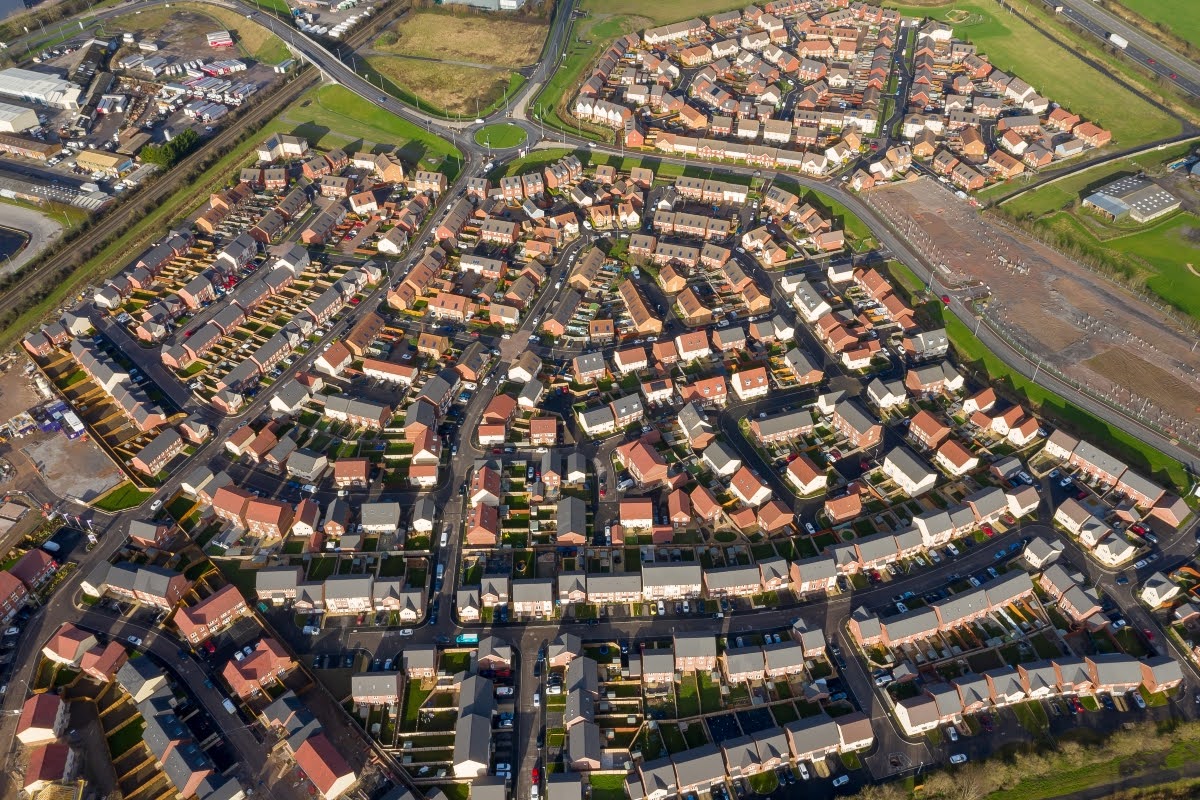 Aerial view of suburban neighborhood.